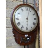 A 19th century single fusee mahogany cased drop dial wall clock with white enamelled convex dial,