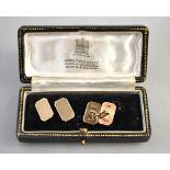 A pair of rectangular engine turned 9ct chain link cufflinks, in fitted box by Hamilton & Co,