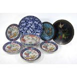 Two Japanese cloisonne enamel dishes; together with: a Japanese Imari bowl;
