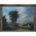 Scottish school - A hill and lake landscape with croft, oil on canvas,