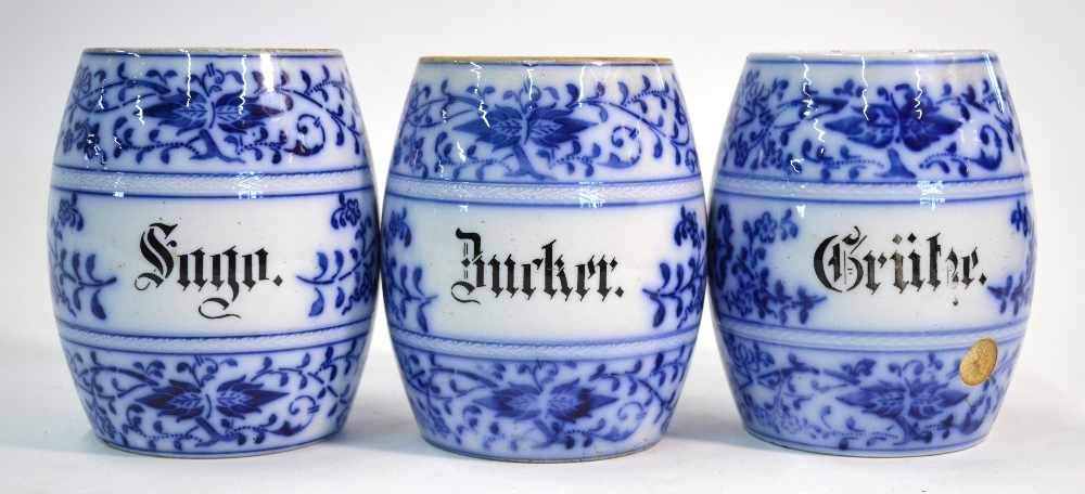 Three 19th century German kitchen/herb jars, underglaze blue floral and foliate decoration, - Image 2 of 5