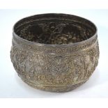A Burmese white metal bowl, decorated on the exterior with cameos of farming or agriculture, 17.