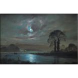Peter Cosslett (b 1927) - A moonlit river landscape, oil on canvas, signed lower left,