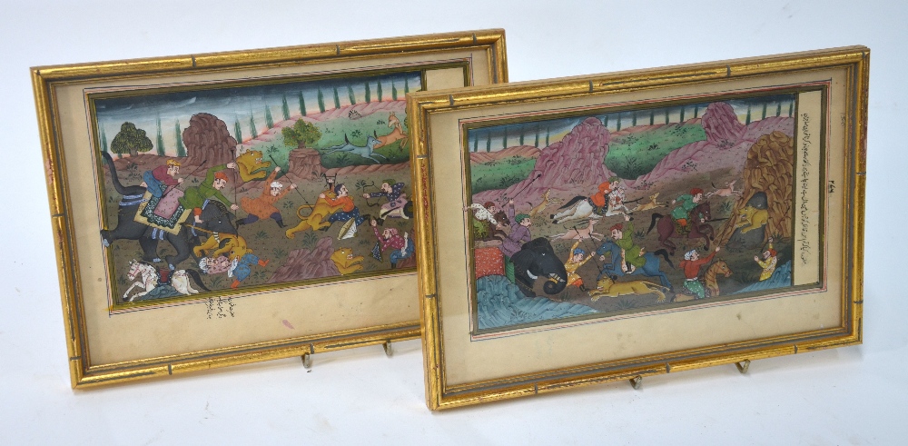 Two Mughal style pictures: each one depicting huntsmen attacking tigers, framed and glazed,