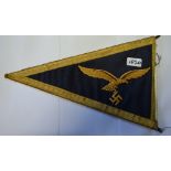 A World War II Luftwaffe staff car pennant (double sided - see images) worked in gold thread with