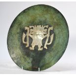 A Vichy Peru 30 cm copper plate inset with 925 standard Incan deity figure