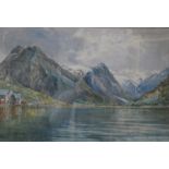 Fred R FitzGerald (1869-1944) - Norwegian fjord with lakeside house, watercolour, signed lower left,