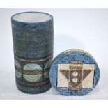 Two Troika vases - a small wheel vase, blue rough textured ground and incised geometric design, 11.