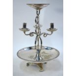 An epns table centrepiece with two beaded bowls on scrolling pillar with three candle sconces,
