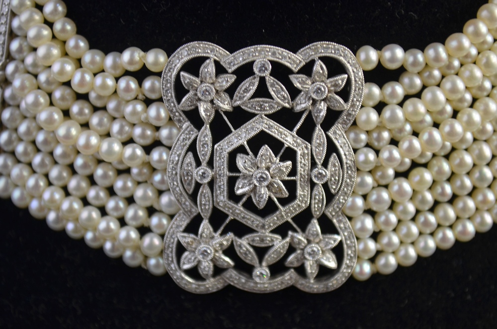 An Edwardian style ten-row cultured pearl necklace with rectangular pierced centrepiece set overall - Image 2 of 3