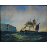 A Hulk - Marine scene with boats and lighthouse, oil on panel, signed lower left,