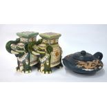 A large blue-green Yixing-style teapot, decorated with dragons in high relief,