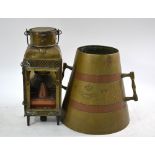 A French brass and copper two-handed conical measure to/w a copper spirit lantern (2)