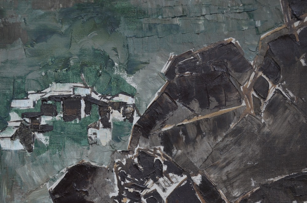 Harkrishan Lall (Indian, 1921-2000) - 'Dark Rocks', an abstract landscape, oil on canvas, - Image 2 of 5