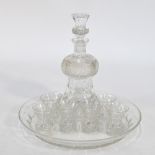 A glass liqueur decanter in the form of a thistle etched with thistles and leaves to/w six matching