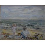 May Hutchison - 'Seascape', two children on a beach, oil on canvas, signed lower left,