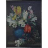 F L - Still life study with flowers in a blue vase, oil on board, signed with initials lower left,
