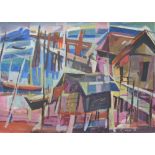 Chen Wen Hsi (attributed) - a Nanyang School style abstract fishing village, oil on board,
