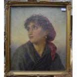 Continental school - Portrait of a young lady with red scarf in her hair, oil on board,