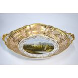 Worcester Flight, Barr & Barr oval twin handle dish painted with a view of Hallow Park,