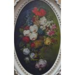 Continental school - A pair of oval still life studies with vases of flowers, oil on card,