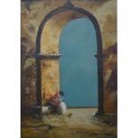 Durval Pereira (1917-84) - Seated figure reading beneath an oversize Moorish arch, oil on canvas,
