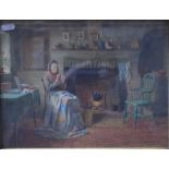 English school - Interior scene with lady seated before a fire mending a patchwork quilt,