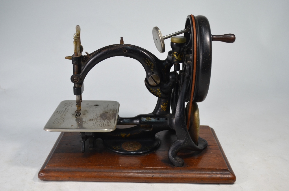 Willcox & Gibb hand sewing machine on hardwood base mount, - Image 2 of 5