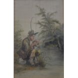 English school - Study of a fisherman discorging a fish on the banks of a river, watercolour,