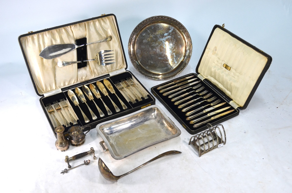 Electroplated wares including cased dish, knives and forks with servers, tea knives, fruit bowl,