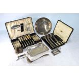 Electroplated wares including cased dish, knives and forks with servers, tea knives, fruit bowl,