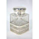 A German square-cut glass tea caddy and stopper with strawberry-cut canted corners and wheel-etched