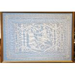 A framed and glazed tape lace panel/tray cloth,