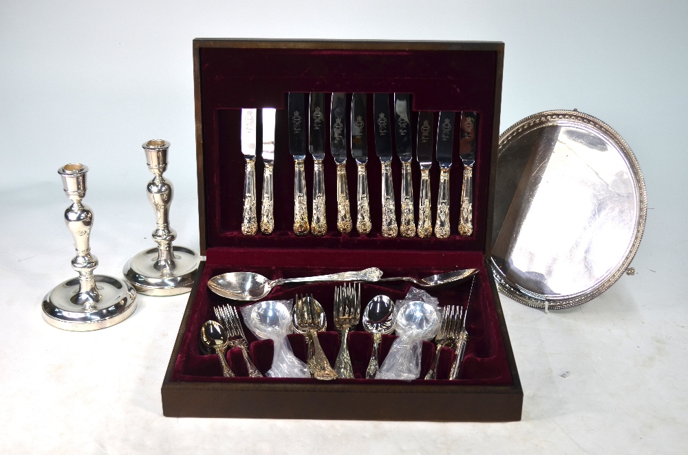 A canteen of EPNS Kings pattern flatware (little used) to/w a Mappin & Webb salver and pair of