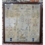 A large 19th century crossstitch sampler, worked with cherubs, shrubs, stag and birds,