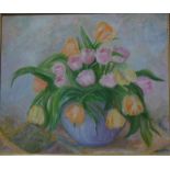 M Huter-Ayling? - Still life study with tulips, oil on board, signed lower right,