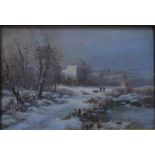 Continental school - A winter frozen lake scene with figures, oil on board,