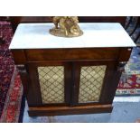 A Victorian marble top rosewood cabinet with full width frieze drawer over a pair of silk backed
