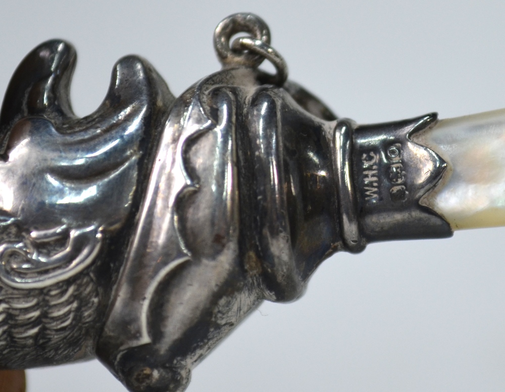 A 'Mr. Punch' silver baby's rattle with mother-of-pearl handle, W H Collins & Co. - Image 4 of 6