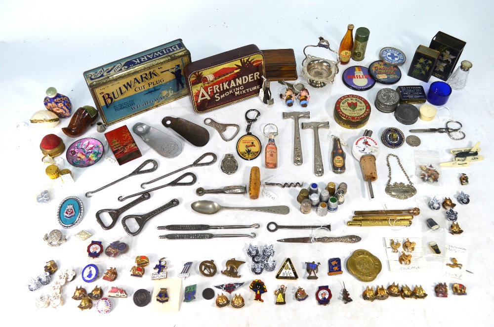 An interesting selection of advertising wares and badges, including tins, bottle openers etc.