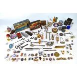 An interesting selection of advertising wares and badges, including tins, bottle openers etc.