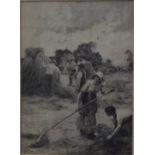 After L Chermitte - A pair of pastoral views, Harvest time and water carrier, etchings,