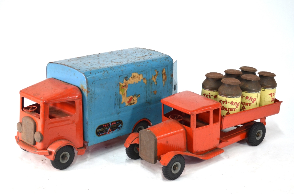 A large Tri-ang Dairy tinplate model Bedford Tipping Truck, c/w six churns,