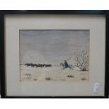 Jean Godebski - Cowboy and cattle in a landscape, watercolour with heightening,
