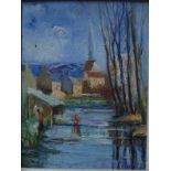 Raphael Pricert (1903-67) - River landscape and hamlet, oil on card, signed lower left, 33 x 25 cm,