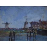 William Henry Ford - Windmills and Dutch barge, oil on board,
