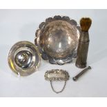 An Edwardian silver travelling shaving brush in cylindrical case, London 1902,