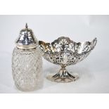 A Sheraton revival pierced silver bonbon basket of navette form, on stemmed foot, Henry Matthews,