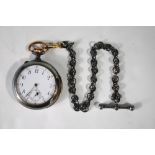 A Swiss gunmetal open-faced pocket watch, minute-repeat striking on a coiled gong,