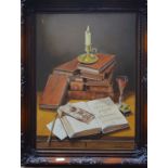 John Harrad - A pair of still life studies of books and instruments, oil on canvas,